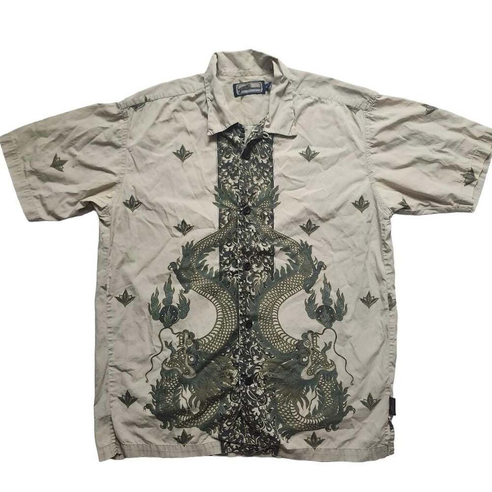 R2 Dragon Print Short Sleeve Button Up Hawaiian Shirt Tan Size Medium